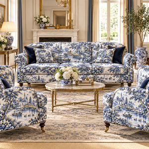 Tissu d'ameublement imprimé toile bleu et blanc à motif paysage pour la rembourrage de chaises - Product Image 2