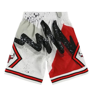 Shorts de basketball pour hommes, blanc, rouge, noir, imprimé géométrique, taille haute élastique, fermeture à cordon, séchage rapide, respirant, en toile - Product Image 3