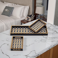 Jeu de 3 plateaux de service longs en verre avec cadre doré PS de luxe moderne avec impression d'échecs et de grilles de cartes