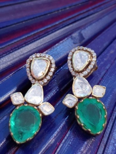 <b>studs</b> earrings in green doublet and polki stone with gold plated in <b>silver</b> 925 metal handmade <b>studs</b> for bride wedding jewelry - Product Image 3