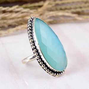 SHYAM JEWELRS Teardrop Aqua Chalcedony <b>Silver</b> Rose Cut Statement <b>Ring</b> Vintage Tribal Beaded Edge Design <b>Boho</b> Hippie Unisex - Product Image 3
