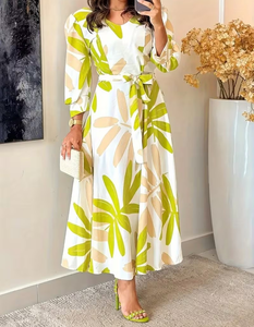 Women Floral Print Chiffon Midi Dress With Belt Long Sleeve O-Neck Loose Fit Casual Spring Summer Style - Product Image 1