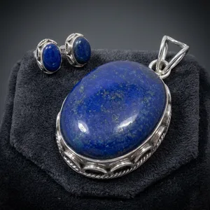 Sterling Silver Blue Lapis Lazuli Splendid Design Jewelry Set With Elegant Pendant Earrings Handmade Indian Style For Women - Product Image 3