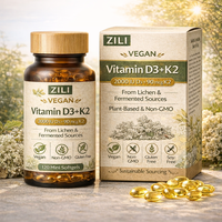 Vitamine D3 et K2 végétaliennes à marque privée OEM, source Lichen, 2000 UI 5000 UI, capsules de D3 à base de plantes, sans OGM, sans soja, 100g