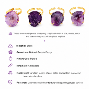 Natural 18k Gold Plated Purple Druzy Agate <b>Adjustable</b> Fashion <b>Ring</b> Raw Organic Gemstone Statement Wholesale Women's Accessories - Product Image 2
