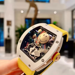 A 3A Factory Sweet and Cool Style Skeletonized Mechanical <b>Watch</b> <b>skeleton</b> case with Yellow Rubber Strap Trendy Wristwatch - Product Image 3