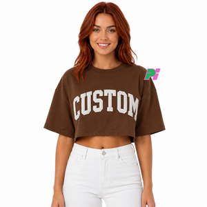 Camiseta Corta para Mujer, Color Marrón, con Bordado de Letras Personalizado, Cuello Redondo, Manga Corta, Corte Holgado, Informal, Primavera Verano, 100% Algodón - Product Image 1