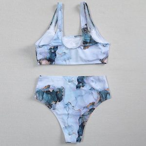 Conjunto de bikini con estampado floral para mujer, top tipo bandeau, parte inferior de cintura alta, traje de baño elástico - Product Image 5
