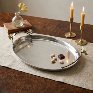 ถาดเสิร์ฟรูปทรงวงรีลายใบแปะก๊วยสุดหรู ทำด้วยมือจากโลหะสีเงินและสีทอง เหมาะสำหรับตกแต่งบ้านและเป็นของขวัญงานแต่งงาน - Product Image 1