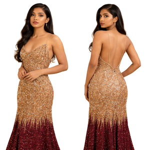 Vestido de noche largo hasta el tobillo para mujer de diseñador |   Cuello Redondo sin Mangas |   Conjunto Elegante de Ropa Formal para Fiesta de Boda con Bordado y Pedrería - Product Image 2