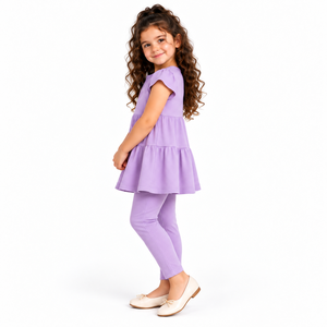 Girls Purple Tiered Tunic <b>Leggings</b> Set Heart Detail Regular Sleeve Kids Two Piece Summer Eco-Friendly Breathable Outfit - Product Image 6
