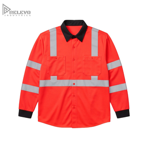 Chemise de travail haute visibilité orange personnalisée OEM, col et poignets contrastants noirs, en piqué de polyester, double poche à rabat, sécurité ANSI/EN - Product Image 1