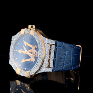 Montre mécanique de luxe ETA avec diamants de laboratoire bleus glacés, boîtier en acier inoxydable, analogique, pour homme, style hip-hop, bracelet en cuir PU, date automatique, verre 20 mm - Product Image 2