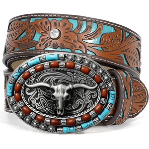 Cinturón de Cuero Genuino Estilo Western con Hebilla de Calavera de Acero, Incrustaciones de Turquesa, Color Marrón Cognac, Estilo Casual, Resistente e Impermeable - Product Image 1