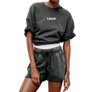 Ensemble 2 pièces décontracté pour femme en coton lavé, col rond, manches courtes, coupe ample, couleur unie, idéal printemps-été – Prix de gros - Product Image 1
