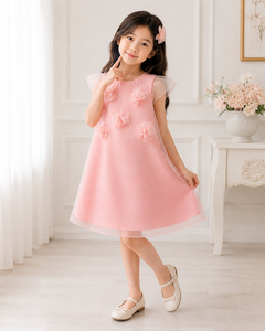 Girls Pink Organza A-Line Dress With <b>Flower</b> Applique Cap Sleeve <b>Sweet</b> Style O-Neck Spring - Product Image 4