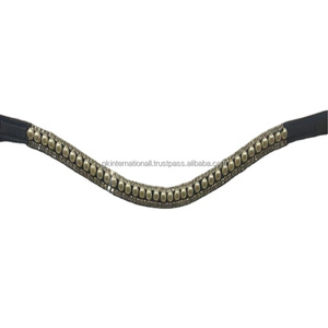 Personnalisé 3 rangées de perles blanches et de cristaux Diamante Bling Rhinestones Wave Shape Black Leather Horse Brow Band at Wholesale - Product Image 1