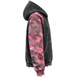 Unisex Oversized Hooded Zip-Up <b>Sweatshirt</b> Raglan Sleeve Leopard Print <b>Pink</b> Black Distressed Streetwear Autumn Wear - Product Image 3