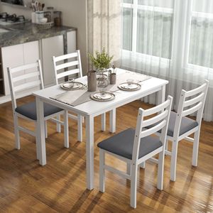 Ensemble de table de cuisine blanche de style farmhouse 5 pièces pour 4 personnes avec chaises rembourrées et pieds en bois de caoutchouc, petit ensemble de salle à manger - Product Image 2