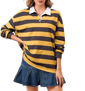 Polo oversize pour femme, rayé, color block, col en V boutonné, manches longues, sweat-shirt décontracté et confortable pour l'automne - Product Image 1