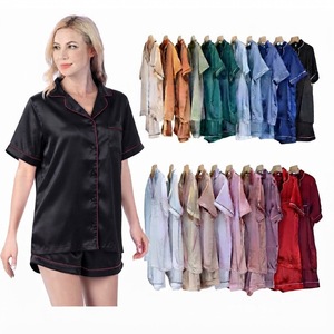 Ensemble de pyjama en satin pour femmes, manches courtes, vêtements de nuit, 2 pièces, taille élastique, vêtements décontractés pour la maison - Product Image 1