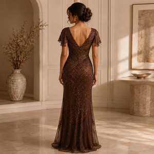 Women Brown Beaded <b>Sequin</b> Mermaid Maxi Dress V Neck Flutter Sleeve Embellished Evening Gown Formal Party Wedding Prom Elegant - Product Image 4
