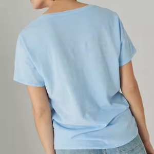 Camiseta Clásica de Algodón Orgánico con Cuello en V para Mujer, Bordada, de Manga Corta, Lavable y Transpirable, Venta al Por Mayor de Fábrica - Product Image 2