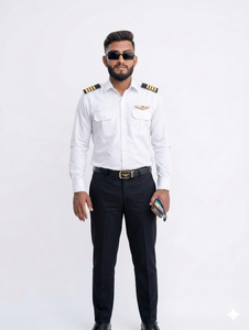 Chemise blanche à manches longues pour pilote homme avec épaulettes dorées et emblème d'ailes pour utilisation en avion. - Product Image 2