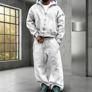 Ensemble de survêtement polaire oversize premium pour homme, épais 500 GSM, avec sweat à capuche zippé et pantalon de jogging large, deux pièces, streetwear d'hiver - Product Image 2