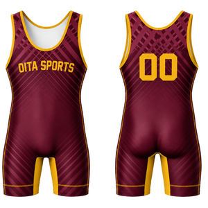 Traje de Lucha Sublimado en Color Borgoña y Amarillo para Hombre, Uniforme Deportivo de Poliéster para Competencia de Lucha - Product Image 1
