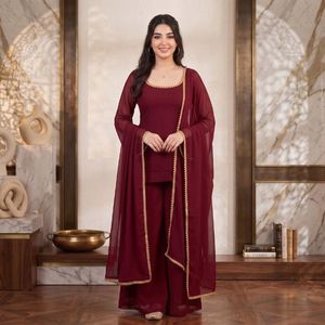 Plain Georgette <b>Top</b> Palazzo Set With Gold Lace Dupatta Full Stitched Wholesale Manufacturer - Product Image 2