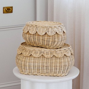 Natural Rattan Storage <b>Baskets</b> Oval Scallop Design <b>Stackable</b> Eco-Friendly Nordic Style For Nursery Kids Room Home Organization - Product Image 2