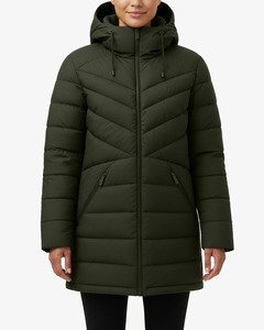 Chaqueta acolchada larga con capucha para mujer, diseño único, color verde sólido, con cierre, abrigo de invierno para adultos, precio al por mayor - Product Image 4