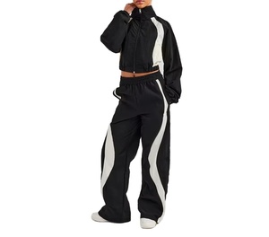Women's Black <b>White</b> Color Blocked Sporty <b>2</b> <b>Piece</b> Tracksuit <b>Set</b> Full Sleeve Loose Fit Zipper Drawstring Pants All Seasons Wear - Product Image 1