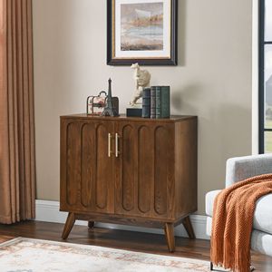 Credenza Moderna Stile Mid-Century con Ripiani Regolabili, Gambe in Legno Massello, Buffet in Noce per Soggiorno - Product Image 1