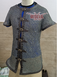 Handmade Chainmail Shirt Flat Riveted With Leather Trim Half Sleeve Mild Steel Hauberk Adult Knight Historical Reenactment Armor - Product Image 5