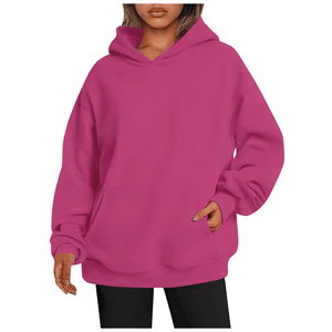 Sweat-shirt à capuche rose pour femme, couleur unie, manches longues, poche, tricoté, décontracté, automne, matière polaire - Product Image 2
