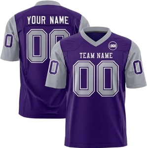 Maillot de football américain personnalisé violet à col en V, manches courtes, impression par sublimation, anti-humidité, 100 % polyester mesh, adulte, devant - Product Image 2