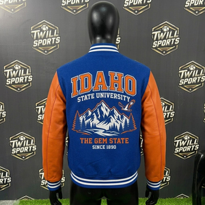 Chaqueta Universitaria de la Universidad Estatal de Idaho para Hombre, Azul con Mangas Naranjas, Estampado Frontal, Estilo Bomber, Ropa Casual de Otoño, Alta Calidad - Product Image 2