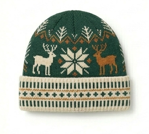 Bonnet en tricot jacquard vert avec motif cerf et flocon de neige 56-58CM, casquette d'hiver unisexe pour adultes, style décontracté, 100% acrylique - Product Image 1
