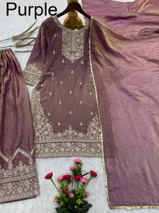 Ensemble 3 pièces traditionnel indien Sharara Gharara brodé, en soie Georgette, coupe ajustée, pour femme, idéal pour les fêtes d'hiver - Product Image 2