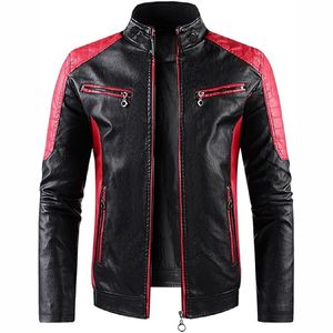 Veste de moto en cuir écologique noir et rouge pour homme TANVEX, col montant, fermeture éclair, coupe ajustée, color block, pour l'hiver - Product Image 1