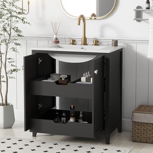 Mobile Bagno Freestanding Stile Shaker da 30 Pollici con 2 Ante e 2 Cassetti, Lavabo in Ceramica Incluso - Product Image 1