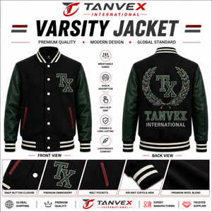 TANVEX INTERNATIONAL Men's Varsity <b>Jacket</b> Black Gold <b>Rhinestone</b> Embroidery PU Leather Snap Button Closure Preppy Style - Product Image 6