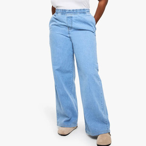 Jean en denim délavé léger taille haute coupe large pour femme, style décontracté, longueur complète, en coton, grande taille, idéal pour l'été - Product Image 1