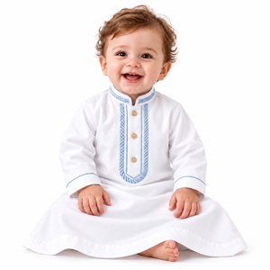 Qamis blanc pour bébés garçons, broderie bleue, manches longues, coupe ample, uni, longueur au sol, style islamique, pour nourrissons et tout-petits, musulman, Aïd, Ramadan, arabe - Product Image 1