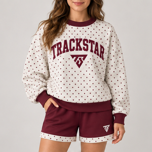 Ensemble short 2 pièces pour femme, col rond, motif pois inversés, crème, vêtements de sport décontractés personnalisés - Product Image 1