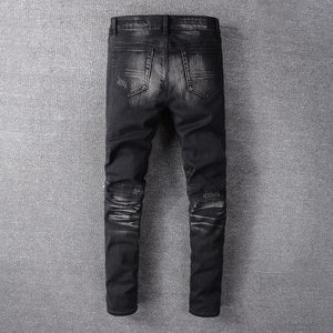 Jean droit pour homme de créateur, coupe skinny en denim noir délavé avec poches zippées élégantes, style streetwear ajusté - Product Image 3