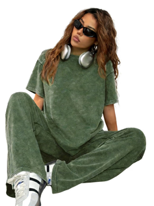 Ensemble décontracté 2 pièces pour femme : pantalon coupe droite et haut à manches courtes, col uni, effet délavé, coupe classique, 100 % coton écologique - Product Image 3