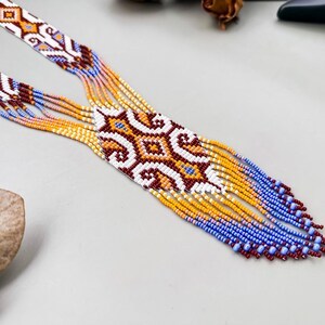 TRENDING Handmade DESIGN Boho hippie necklace, ethnic beaded jewelry , Long Gerdan, cream blue orange necklace for wedding, gift - Product Image 5